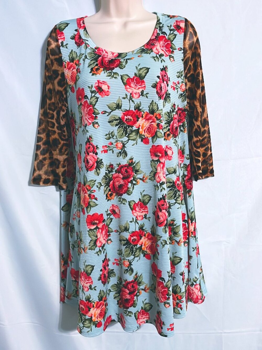 Blue Floral Tunic With Animal Print Sleeves Size M